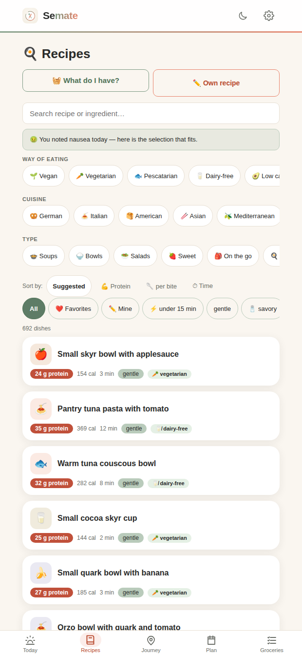 The Semate recipe list: browse by way of eating, cuisine and type, every dish with protein, calories and time
